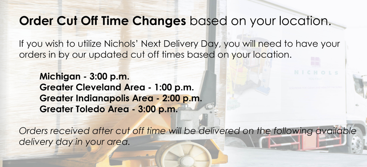 nichols order cut off delivery schedule