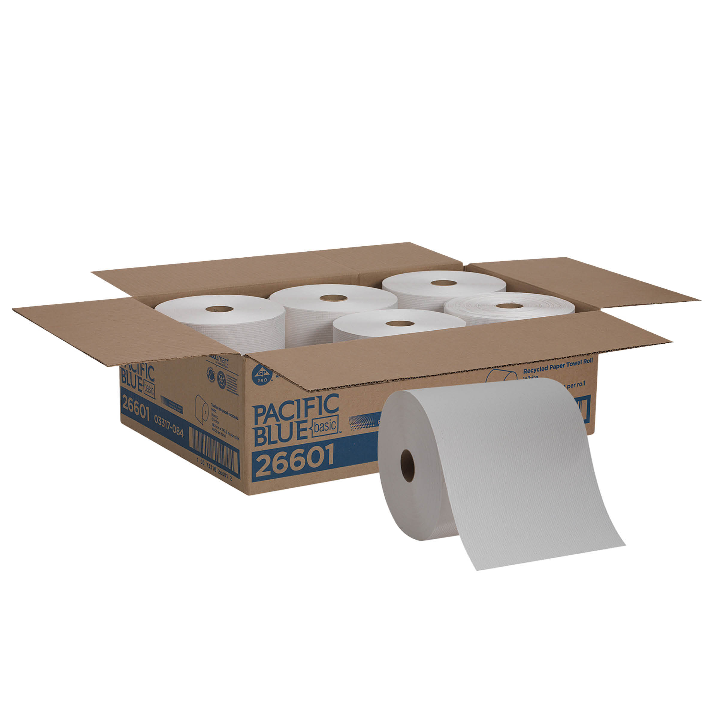 GP PRO Pacific Blue Basic Recycled Paper Towel Roll, White, 26601, 800 Ft/Roll, 6 Rolls/Case