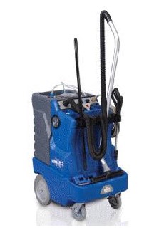 Blue machine on wheels with vacuum
