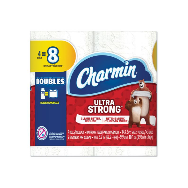Charmin Double Roll Bath Tissue - 2 Ply - 143 Sheets/Roll - White - Strong, Textured, Absorbent, Septic Safe, Clog-free - For Washroom - 4 / Pack